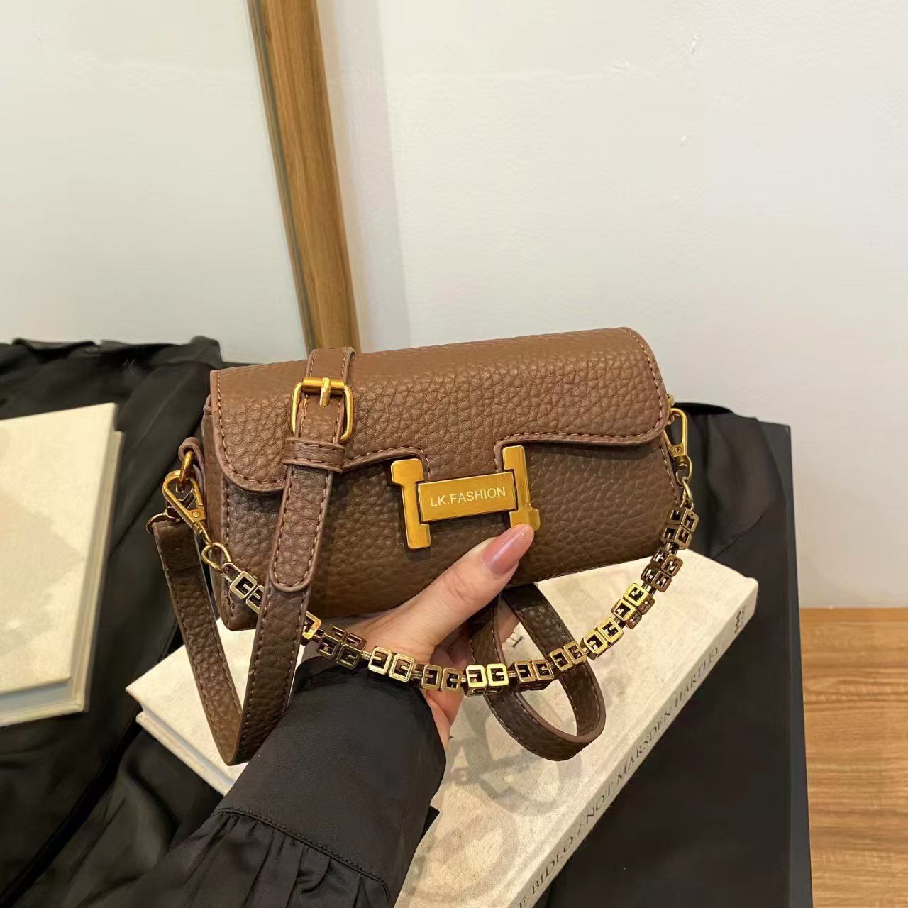 Noir Luxe Chain Sling Bag (Brown)