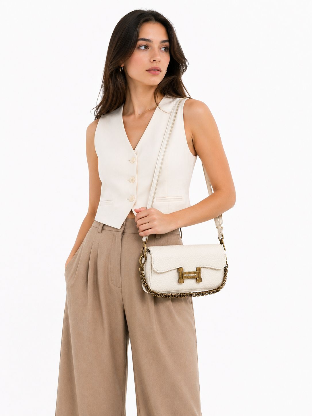 Noir Luxe Chain Sling Bag (White)